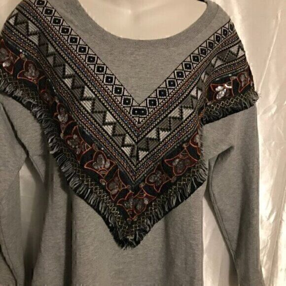 Boston Proper Aztec Tribal Embroider Heather Gray Long Sleeve Sweater Dress S - Picture 2 of 8